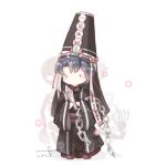  1boy aeon_(shining_nikki) asymmetrical_bangs black_eyes black_hanfu black_hat black_robe blue_hair blush_stickers brown_shoes chain character_request chibi chinese_clothes chinese_commentary commentary_request cosplay genshin_impact hanfu hat holding holding_baton interruption_(echo-023) long_sleeves looking_ahead male_focus nikki_(series) parted_bangs ritual_baton robe shadow shining_nikki shoes short_hair signature simple_background skeleton solid_oval_eyes solo standing white_background wide_sleeves 