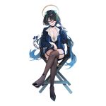  1girl adjusting_eyewear animal_ears aqua_streaks arm_up artist_request black_hair black_shoes black_thighhighs blue_bow blue_choker blue_eyes blue_hair blue_suit body_markings bow buttons chair chest_markings choker collared_shirt colored_shoe_soles crossed_legs cyborg director's_chair erina_makina folding_chair garter_straps glasses hair_over_one_eye halo hand_on_eyewear hand_on_lap heterochromia highres jewelry lapel_pin long_hair looking_at_viewer looking_over_eyewear mechanical_arms merchandise_available miniskirt multicolored_hair official_art open_collar parted_bangs phase_connect pink_eyes pinstripe_pattern pinstripe_suit promotional_art prosthesis prosthetic_arm red-framed_eyewear second-party_source shiny_footwear shirt shoes simple_background single_mechanical_arm sitting skirt skirt_suit sleeves_rolled_up solo streaked_hair suit tail tail_bow tail_ornament thighhighs tiger_ears tiger_girl tiger_tail traditional_halo transparent_background very_long_hair virtual_youtuber white_shirt white_tiger_print 