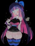  1girl bare_shoulders black_background black_choker black_dress blue_bow blue_eyes blunt_bangs blush bow breasts choker colored_inner_hair commentary dress hair_bow highres holding holding_stuffed_toy honekoneko_(psg) large_breasts long_hair looking_at_viewer microdress multicolored_hair narrow_waist open_mouth panty_&amp;_stocking_with_garterbelt pink_hair purple_hair simple_background stocking_(psg) striped_clothes striped_thighhighs stuffed_animal stuffed_cat stuffed_toy thick_thighs thighhighs thighs two-tone_hair usa37107692 