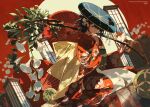  1girl absurdres black_hair branch commentary_request floral_print floral_print_kimono flower furisode hair_flower hair_ornament highres holding holding_branch japanese_clothes kimono looking_at_viewer mole mole_under_eye obi original print_kimono red_kimono sash seiza sitting solo wide_sleeves z3zz4 