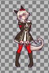  1girl :p absurdres animal_ears arm_behind_back art_(rtrunl) bare_shoulders black_boots black_dress boots border bow checkered_background commentary curren_chan_(fille_eclair)_(umamusume) curren_chan_(umamusume) dress ear_bow ear_covers english_commentary fake_transparency full_body gloves grey_hair head_tilt highres horse_ears horse_girl horse_tail knee_boots long_sleeves one_eye_closed pixel_art red_bow red_thighhighs short_hair solo standing striped_clothes striped_dress tail thighhighs tongue tongue_out umamusume white_border white_gloves 