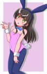  1girl animal_ears black_hair blue_bow blue_bowtie blue_pantyhose bow bowtie breasts commentary_request fake_animal_ears fake_tail flat_chest green_eyes hand_up leotard light_blush pantyhose parted_lips pink_background pink_leotard playboy_bunny rabbit_ears rabbit_tail shishinon simple_background small_breasts solo tail w wrist_cuffs yowa_yowa_sensei yukishita_yuki 