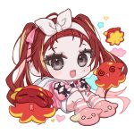  1girl :d akane_lize blonde_hair blush_stickers brown_hair chibi chobi_(penguin_paradise) commentary fang forehead grey_eyes hair_ribbon hairband highres hood hood_down hooded_jacket jacket long_hair long_sleeves looking_at_viewer loose_socks mole mole_under_eye multicolored_hair pienna_(akane_lize) pink_jacket pink_slippers puffy_long_sleeves puffy_sleeves ribbon simple_background sitting slippers smile socks solo stellive streaked_hair striped_clothes striped_socks twintails very_long_hair virtual_youtuber white_background white_hairband white_ribbon 