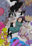  1girl beanie black_hair bloodmoon_ursaluna bright_pupils camerupt claws closed_eyes commentary_request grid_background hat highres kommo-o mienshao mightyena no_mouth no_nose pokemon pokemon_(creature) politoed red_eyes sandals short_hair syousinman u_u ursaluna white_pupils 