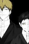  2boys absurdres black_background black_hair black_kimono blonde_hair buttons child closed_mouth colored_tips commentary_request ear_piercing earrings facing_viewer hair_between_eyes height_difference highres japanese_clothes jewelry jujutsu_kaisen kimono looking_at_another male_focus messy_hair multicolored_hair multiple_boys piercing rladmswls000 shirt_under_kimono short_hair simple_background smile straight-on time_paradox two-tone_hair upper_body zen'in_naoya 