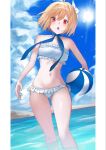  1girl :o antenna_hair arcueid_brunestud arcueid_brunestud_(dazzling_moon) arcueid_brunestud_(mooncancer) ass_visible_through_thighs ball bandeau bare_shoulders beach beachball bikini blonde_hair blue_choker blue_ribbon blush breasts choker cloud commentary cowboy_shot day fate/grand_order fate_(series) flower frilled_bikini frills hair_flower hair_ornament head_tilt highres hirekatsu-kan holding holding_ball holding_beachball in_water looking_at_viewer navel official_alternate_costume outdoors partially_submerged red_eyes ribbon short_hair single_hair_intake solo standing strapless strapless_bikini sun swimsuit teeth thighs upper_teeth_only walking_towards_viewer white_bandeau white_bikini white_flower 