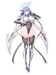  1girl absurdres ako_(blue_archive) alternate_costume black_gloves black_thighhighs blue_archive blue_hair blue_halo bodysuit breasts commentary_request covered_navel covered_nipples gloves half_gloves halo highleg highleg_leotard highres huge_breasts impossible_bodysuit impossible_clothes impossible_leotard koflif leotard sideboob skin_tight solo super_highleg taimanin_(series) taimanin_suit thighhighs white_background 