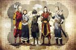  2girls 3boys aang animal armor arrow_(symbol) arrow_tattoo avatar_legends bald barefoot beard black_hair blind blue_tattoo burn_scar coat column_lineup cropped dark-skinned_female dark-skinned_male dark_skin facial_hair forehead_tattoo full_body fur-trimmed_coat fur-trimmed_pants fur-trimmed_skirt fur_trim green_hairband hair_between_eyes hair_bun hairband head_tattoo highres joaquim_dos_santos katara lemur lemur_ears lemur_tail lineup long_hair map map_background momo_(avatar) monk multiple_boys multiple_girls official_art pants promotional_art scabbard scar scar_on_face sheath sheathed single_hair_bun skirt smile sokka sword tattoo the_legend_of_korra third-party_source toph_beifong weapon zuko 
