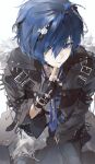  1boy absurdres black_choker black_gloves black_jacket black_pants blue_eyes blue_hair blue_necktie blue_shirt bracelet chain character_hair_ornament choker closed_mouth commentary cross-laced_clothes cross-laced_sleeves eyes_visible_through_hair finger_to_own_chin fingerless_gloves glint gloves hair_ornament hair_over_one_eye hand_on_own_thigh highres honseie jack_frost_(megami_tensei) jacket jewelry male_focus necktie open_clothes open_jacket pants persona persona_3 plaid_clothes plaid_shirt shirt sitting sleeves_past_wrists solo spiked_jacket untranslatable_commentary wristband yuuki_makoto_(persona_3) 