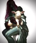  1girl alien_stage animal baby_animal commentary english_commentary from_below highres holding holding_animal lamb long_hair mikahyuni mizi_(alien_stage) pink_hair shaded_face sheep signature sitting solo yellow_eyes 