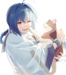  1boy ahoge androgynous animal aopix_001 black_hair bracelet braid braided_ponytail brown_eyes cat commentary fate/samurai_remnant fate_(series) hair_intakes highres holding holding_animal holding_cat japanese_clothes jewelry kimono long_hair necklace one_eye_closed open_mouth sidelocks simple_background single_braid smile solo tail upper_body white_background wide_sleeves yamato_takeru_(fate) 