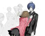 2girls 3boys amada_ken animal black_jacket black_pants black_ribbon black_skirt blue_hair brown_hair cardigan chin_boooooooo closed_mouth collared_shirt cowboy_shot crying debris dog earphones_removed gekkoukan_high_school_uniform hair_over_one_eye highres iori_junpei jacket koromaru_(persona) leaning_on_person miniskirt multiple_boys multiple_girls neck_ribbon pale_skin pants persona persona_3 pink_cardigan pleated_skirt ribbed_cardigan ribbon school_uniform shirt short_hair skirt takeba_yukari white_background white_shirt yamagishi_fuuka yuuki_makoto_(persona_3) 