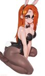 1girl animal_ear_hairband animal_ears ass black_eyes black_eyeshadow black_leotard bow bowtie breasts cleavage commentary detached_collar earrings eyeshadow fake_animal_ears fake_tail freckles gravity_falls hairband highleg highleg_leotard highres jewelry john_fox large_breasts leotard long_hair looking_at_viewer makeup orange_hair pantyhose playboy_bunny rabbit_ear_hairband rabbit_ears rabbit_tail sitting smile strapless strapless_leotard tail thighs wariza wendy_corduroy 