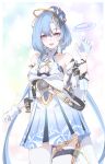  1girl absurdres blue_dress blue_hair breasts cleavage_cutout clothing_cutout commentary_request crescent crescent_earrings dress earrings erasumo3821 garter_straps gloves griseo griseo_(cosmic_expression) highres honkai_(series) honkai_impact_3rd jewelry large_breasts long_hair looking_at_viewer pantyhose partially_fingerless_gloves purple_eyes smile solo twitter_username very_long_hair white_garter_straps white_pantyhose 