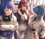  3girls absurdres ahoge artist_name black_hairband blue_eyes blue_hair brown_jacket closed_eyes closed_mouth commentary double-parted_bangs dougi dress english_commentary eris_greyrat fur-trimmed_jacket fur_trim hair_between_eyes hairband hand_up highres isolte_cruel jacket jewelry long_hair looking_at_another looking_back multiple_girls mushoku_tensei nina_farion open_clothes open_jacket open_mouth purple_sash ra_torens red_eyes red_hair ring sash side_part smile sword weapon white_dougi white_dress white_sash wooden_sword 