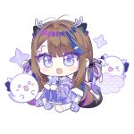  1girl airi_kanna antlers blue_hair brown_hair chibi chobi_(penguin_paradise) commentary dress hair_intakes hair_ornament heart heart_hair_ornament horns jacket kneehighs long_hair looking_at_viewer multicolored_hair off_shoulder open_clothes open_jacket purple_eyes purple_hair purple_jacket purple_slippers ribbon-trimmed_dress ribbon_trim scales_(airi_kanna) simple_background sitting sleeveless sleeveless_dress slippers socks solo star_(symbol) stellive streaked_hair very_long_hair virtual_youtuber wariza white_background white_dress white_socks 