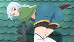  1girl all_fours anime_coloring ass ass_focus belt bike_shorts bike_shorts_under_shorts black_belt black_shirt blue_scarf blue_shorts brown_gloves capelet chris_(konosuba) closed_mouth crop_top denim denim_shorts diamond_earrings earrings feet_out_of_frame from_behind game_asset gloves gloves_over_elbow_gloves green_capelet grey_hair highres jewelry kono_subarashii_sekai_ni_shukufuku_wo! kono_subarashii_sekai_ni_shukufuku_wo!_kono_yokubukai_game_ni_shinpan_o! looking_at_viewer looking_back non-web_source official_art purple_eyes scar scar_on_cheek scar_on_face scarf self-datamine sheath shirt short_hair short_shorts shorts side_ahoge single_earring smile solo thighhighs tile_roof white_thighhighs 