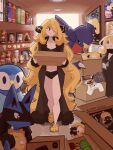  1girl badge bare_legs black_bra black_panties black_robe blonde_hair box bra breasts caitlin_(pokemon) cardboard_box certificate character_doll cherish_ball cleavage closet commentary crocs cynthia_(pokemon) dawn_(pokemon) doll english_commentary fur-trimmed_bra fur-trimmed_panties fur-trimmed_robe fur_trim garchomp gible hair_over_one_eye highres holding holding_box kap.o large_breasts long_hair lucario luxury_ball odd_keystone open_clothes open_robe panties photo_(object) picture_frame pikachu piplup poke_ball pokemon pokemon_(creature) pokemon_black_and_white pokemon_diamond/pearl/platinum pokemon_platinum robe slippers smile storage_room thighs trophy underwear unown unown_e unown_i unown_m unown_t unownglyphics very_long_hair wavy_hair 
