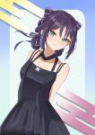  1girl arms_behind_back bare_shoulders black_dress blue_border blue_streaks border braid braided_hair_rings breasts cho_kaguya-hime! closed_mouth collarbone commentary cone_hair_bun cosplay cowboy_shot dot_nose dress egasumi eyeshadow gradient_border green_eyes hair_between_eyes hair_bun hair_ribbon hair_rings hamu_hituzi highres jewelry leaning_to_the_side looking_at_viewer makeup medium_breasts medium_hair multicolored_hair necklace outside_border pink_eyeshadow purple_hair purple_ribbon ribbon runami_yachiyo runami_yachiyo_(cosplay) runami_yachiyo_(wego) sakayori_iroha sakayori_iroha_(wego) sleeveless sleeveless_dress smile solo spaghetti_strap split_mouth standing streaked_hair turning_head white_background white_border 