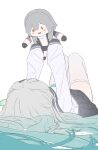  1girl absurdres aqua_hair bu_bai_(wres2744) character_doll doll firefly_(honkai:_star_rail) firefly_(spring_missive)_(honkai:_star_rail) grey_hair grey_sailor_collar hair_spread_out hands_up highres honkai:_star_rail honkai_(series) indoors jacket long_sleeves lying md5_mismatch multicolored_hair on_back sailor_collar school_uniform simple_background stelle_(honkai:_star_rail) thighhighs trailblazer_(honkai:_star_rail) unfinished white_background white_thighhighs 