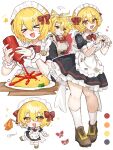  >_< :3 :d ahoge alternate_costume apron badge bell black_overskirt black_shirt blonde_hair bob_cut bottle bow bowtie breasts brown_shoes chain chibi chibi_inset collared_shirt color_guide commentary contrast_collar curtained_hair don_quixote_(project_moon) dot_nose dual_persona duster english_text food frilled_skirt frills full_body furrowed_brow gold_chain hair_between_eyes hair_bow hands_up heart highres holding holding_bottle holding_duster ketchup_bottle knees large_breasts leg_up limbus_company maid maid_apron maid_headdress multiple_views neck_bell omelet omurice open_mouth parted_lips pigeon-toed plate project_moon puffy_short_sleeves puffy_sleeves red_bow red_bowtie red_shawl ro/ku sancho_(project_moon) shawl shirt shoes short_sleeves side_part sideways_glance simple_background skirt smile socks sparkle sweatdrop thighs v-shaped_eyebrows waist_bow white_apron white_background white_bow white_headdress white_shirt white_skirt white_socks 