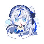  1girl aokumo_rin blue_eyes blue_hair blush_stickers boots chibi chobi_(penguin_paradise) commentary dress grey_boots grey_dress grey_hair hair_intakes holding kurimi_(aokumo_rin) long_hair multicolored_hair parted_lips puffy_short_sleeves puffy_sleeves sacabambaspis short_sleeves simple_background solo star-shaped_pupils star_(symbol) stellive streaked_hair symbol-shaped_pupils very_long_hair virtual_youtuber white_background 