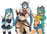  2026_fifa_world_cup 3girls alternate_costume aqua_hair braid brazil brazilian_flag brazilian_flag_print brazilian_miku breasts dancing denim denim_shorts earrings fake_horns flag_print flower hair_flower hair_ornament hatsune_miku hatsune_miku_world_cup_custody_battle_(meme) headset helmet highres hoop_earrings horned_helmet horns jewelry long_hair meme multiple_girls muscular muscular_female necktie norway norwegian_flag norwegian_flag_print norwegian_miku shiren_(ourboy83) shirt shorts twintails vocaloid white_background world_cup 