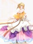  1girl absurdres alternate_costume back bare_back bare_shoulders blonde_hair breasts choker citrinne_(fire_emblem) clear_glass_(mildmild1311) closed_eyes closed_mouth commentary_request dress fire_emblem fire_emblem_engage from_behind gloves hair_ornament high_heels highres jewelry legs medium_breasts necklace pantyhose purple_dress short_hair simple_background smile solo white_choker white_dress white_gloves white_pantyhose 
