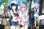  5girls ahoge arius_squad_(blue_archive) atsuko_(blue_archive) atsuko_(swimsuit)_(blue_archive) baseball_cap bikini black_camisole black_hair blue_archive blue_eyes blue_hair blue_halo blue_neckerchief blue_necktie camisole colored_inner_hair commentary cross_halo denim denim_shorts flag flower green_hair grey_hair hair_flower hair_ornament halo hat hiyori_(blue_archive) hiyori_(swimsuit)_(blue_archive) holding holding_flag hoshino_(blue_archive) ideolo long_hair looking_at_viewer maia_(blue_archive) multicolored_hair multiple_girls navel neckerchief necktie official_alternate_costume open_mouth outdoors pink_hair pleated_skirt ponytail purple_hair red_eyes sailor_collar saori_(blue_archive) saori_(swimsuit)_(blue_archive) school_uniform serafuku shirt shorts skirt smile swimsuit untranslatable_commentary white_bikini white_halo white_hat white_sailor_collar white_serafuku white_shirt white_skirt 