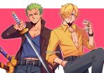  2boys blonde_hair bracelet brown_jacket chain cigarette collared_shirt commentary curly_eyebrows green_hair hair_over_one_eye hand_in_pocket holding holding_cigarette holding_sword holding_weapon jacket jewelry male_focus multiple_boys one_eye_closed one_piece pink_background ring roronoa_zoro samu_(samudl) sanji_(one_piece) scar scar_across_eye scar_on_face shirt short_hair smile stitched_torso stitches sword weapon yellow_shirt 