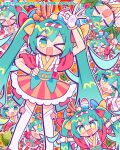  >_< >_o 1girl :d ;d absurdres arm_up blue_sash blush closed_eyes commentary_request corn_dog double-parted_bangs feet_out_of_frame fingerless_gloves frilled_kimono frills gloves green_eyes green_hair hair_between_eyes hair_intakes hatsune_miku highres japanese_clothes kimono kimono_dress long_hair looking_at_viewer multiple_views obi ok_sign one_eye_closed open_mouth red_kimono richard_(richaball) sash short_sleeves sidelocks smile standing thighhighs v-shaped_eyebrows very_long_hair vocaloid white_gloves white_thighhighs xd 