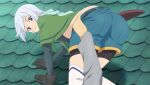  1boy 1girl all_fours anime_coloring ass ass_focus belt bike_shorts bike_shorts_under_shorts black_belt black_shirt blue_scarf blue_shorts brown_gloves capelet chris_(konosuba) closed_mouth clothes_pull crop_top denim denim_shorts diamond_earrings earrings feet_out_of_frame from_behind game_asset gloves gloves_over_elbow_gloves green_capelet grey_hair grey_shirt highres jewelry kono_subarashii_sekai_ni_shukufuku_wo! kono_subarashii_sekai_ni_shukufuku_wo!_kono_yokubukai_game_ni_shinpan_o! long_sleeves looking_at_viewer looking_back non-web_source official_art pulling_another's_clothes purple_eyes scar scar_on_cheek scar_on_face scarf self-datamine sheath shirt short_hair short_shorts shorts shorts_pull side_ahoge single_earring smile solo thighhighs tile_roof white_thighhighs 