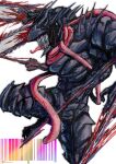  absurdres blood blood_on_face blood_on_weapon chainsaw chainsaw_devil chainsaw_man commentary_request demon demon_horns extra_arms highres horns intestine_clothing kotorun_ahyo long_tongue multiple_weapons no_eyes pochita_(chainsaw_man) sharp_teeth shoulder_spikes spikes teeth tongue tongue_out weapon white_background 
