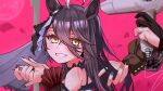  2girls agnes_tachyon_(sigma_experiment)_(umamusume) agnes_tachyon_(umamusume) ahoge black_bridal_gauntlets black_choker black_hair black_ribbon blush bridal_gauntlets cable choker commentary_request ear_ribbon frilled_cuffs frilled_ribbon frills grey_nails hair_dryer hand_in_another's_hair holding holding_hair_dryer jewelry lace-trimmed_choker lace_trim long_hair long_sleeves looking_at_viewer manhattan_cafe_(mysterious_rose)_(umamusume) manhattan_cafe_(umamusume) multicolored_hair multiple_girls nail_polish own_hands_together parted_lips pink_background red_nails ribbon ring smile solo_focus umamusume user_nhsf5543 variant_set very_long_hair white_hair white_ribbon wrist_cuffs yellow_eyes zuutto_issho_(kitani_tatsuya) 