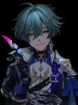  1boy anzu_(anz_le) arm_belt armor belt belt_buckle black_background black_belt black_choker blood blood_on_face blood_on_weapon blue_coat blue_hair blue_shirt buckle chest_belt choker coat collared_shirt colored_blood commentary crossed_bangs double-parted_bangs earrings genshin_impact hair_intakes highres jewelry lohen_(genshin_impact) looking_at_viewer male_focus multicolored_eyes multicolored_shirt open_clothes open_coat parted_lips pauldrons piercing pink_blood shirt short_hair shoulder_armor simple_background single_earring single_pauldron smile solo upper_body weapon white_shirt wing_collar 