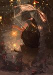  1girl absurdres bare_arms black_dress black_hair bob_cut commentary_request dress facing_away fireworks fish from_behind full_body gemi highres holding holding_fireworks holding_umbrella medium_hair original outdoors rain ripples senkou_hanabi shallow_water sleeveless sleeveless_dress solo sparkler squatting transparent transparent_umbrella umbrella water 