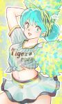  1girl :d absurdres animal_print aopix_001 aqua_eyes aqua_hair arm_up breasts cheerleader commentary_request cowboy_shot crop_top green_eyes hair_bun hanshin_tigers hat highres holding holding_pom_poms looking_at_viewer lum medium_breasts midriff miniskirt navel open_mouth outline pom_pom_(cheerleading) shirt short_sleeves skirt smile solo striped_clothes takahashi_rumiko_(style) tied_shirt tiger_print urusei_yatsura white_skirt yellow_eyes 