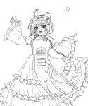  1girl :d absurdres blush dress frilled_dress frilled_sleeves frills greyscale hair_between_eyes hat hat_ribbon highres long_sleeves medium_hair mob_cap mochigumo monochrome open_mouth ribbon smile solo tabard touhou wide_sleeves yakumo_yukari 