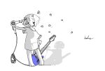  1girl absurdres barefoot cable commentary drying drying_hair drying_own_hair electric_guitar full_body greyscale guitar hair_dryer highres holding holding_hair_dryer instrument kaduise monochrome original oversized_clothes oversized_shirt shadow shirt short_hair short_sleeves signature solo spot_color standing star_(symbol) 