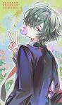  1boy absurdres backpack bag blazer blowing_bubble_gum chewing_gum commentary ear_piercing earrings from_behind genshin_impact green_hair highres jacket jewelry lohen_(genshin_impact) looking_at_viewer looking_back male_focus necktie piercing short_hair solo upper_body v yanjem 