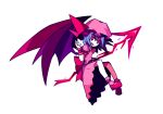  1girl blue_hair bright_pupils commentary english_commentary full_body hat holding holding_polearm holding_weapon open_mouth pink_hat pink_shirt pink_skirt pink_socks polearm red_eyes red_shoes red_wings remilia_scarlet shirt shoes short_hair skirt smallendu smile socks solo spear spear_the_gungnir touhou transparent_background weapon white_pupils wings 