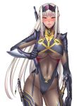  1girl alice_walkure armor blush bodysuit breasts corruption covered_navel cowboy_shot dark-skinned_female dark_skin forehead_protector game_asset gold_trim gun gun_on_back large_breasts large_variant_set long_hair looking_at_viewer non-web_source official_art open_mouth orange_eyes parted_lips red_eyes self-datamine sheath simple_background skin_tight solo standing sword tachi-e taima_seikou_alice transparent_background turtleneck underboob variant_set very_long_hair weapon weapon_on_back white_hair zol 
