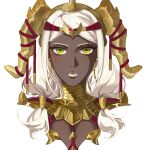  1girl absurdres armor blonde_hair closed_mouth clothing_cutout commentary commentary_request dark-skinned_female dark_skin earrings fake_horns fire_emblem fire_emblem:_fortune's_weave gauntlets gold_armor gold_earrings gold_necklace green_eyes hair_ornament headpiece highres hoop_earrings horns irithyll8157351 jewelry long_hair looking_at_viewer low-tied_long_hair necklace ornate_armor shade shoulder_armor simple_background solo theodora_(fire_emblem) upper_body very_dark_skin white_background white_lips 