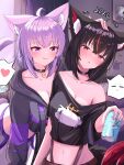  2girls absurdres animal_ear_fluff animal_ears black_hair breasts cat_ears cat_girl cat_tail collarbone commentary_request computer fang fox_ears fox_girl fox_tail highres hololive hood hood_down hoodie kurokami_fubuki laptop long_hair multicolored_hair multiple_girls navel nekomata_okayu nekomata_okayu_(1st_costume) official_alternate_costume orange_eyes pants purple_eyes purple_hair purple_tail red_streaks short_hair siw_(siw_0208) streaked_hair sweatdrop tail tears virtual_youtuber 