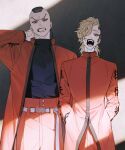  2boys absurdres amandasu belt black_hair blonde_hair bousouzoku braid clothes_writing coat commentary delinquent ear_piercing facial_tattoo fangs hands_in_pockets highres long_sleeves looking_at_viewer madarame_shion male_focus medium_hair mochizuki_kanji multiple_boys open_mouth pants piercing print_coat red_coat red_eyes red_pants scar scar_on_chin scar_on_face short_hair single_braid standing tattoo tokkoufuku tokyo_revengers tsurime turtleneck untranslatable_commentary upper_body white_belt 