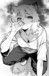  1girl animal_ear_fluff animal_ears breasts cat_ears cat_girl cigarette cigarette_butt commentary_request crocs downblouse earrings eyeliner greyscale hair_between_eyes hand_up highres holding holding_cigarette jewelry makeup medium_breasts monochrome no_bra otosama pants sandals shirt short_hair short_sleeves single_bare_shoulder single_earring smoking solo squatting t-shirt wide_sleeves yani_neko yani_neko_(yani_neko) 