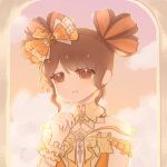  1girl arch bare_shoulders beads bow bowtie braid brooch brown_hair cchansu chinese_commentary cloud commentary_request crown_braid detached_collar double_bun dress drumbeat_wonders_(infinity_nikki) earrings eyelashes flower flower_earrings frilled_bow frilled_sleeves frills gradient_sky hair_beads hair_bow hair_bun hair_ornament hair_ribbon hand_on_own_chest happy highres infinity_nikki jewelry looking_ahead musical_note musical_note_hair_ornament nikki_(series) off-shoulder_dress off_shoulder official_alternate_color open_mouth orange_bow orange_dress orange_eyes orange_ribbon orange_sky outdoors pink_sky procreate_(medium) ribbon short_hair short_sleeves sidelocks single_stripe sky smile solo sparkling_eyes striped_bow sunset upper_body wavy_hair yellow_bow yellow_bowtie yellow_collar yellow_flower 