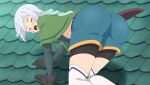  1girl all_fours anime_coloring ass ass_focus belt bike_shorts bike_shorts_under_shorts black_belt black_shirt blue_scarf blue_shorts blush brown_gloves capelet chris_(konosuba) closed_eyes crop_top denim denim_shorts diamond_earrings earrings feet_out_of_frame from_behind game_asset gloves gloves_over_elbow_gloves green_capelet grey_hair highres jewelry kono_subarashii_sekai_ni_shukufuku_wo! kono_subarashii_sekai_ni_shukufuku_wo!_kono_yokubukai_game_ni_shinpan_o! non-web_source official_art open_mouth scar scar_on_cheek scar_on_face scarf self-datamine sheath shirt short_hair short_shorts shorts side_ahoge single_earring solo tearing_up thighhighs tile_roof white_thighhighs 