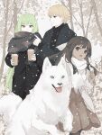  1boy 1girl 1other animal aopix_001 black_jacket blonde_hair brown_eyes brown_hair brown_skirt coat commentary_request cup dark_skin disposable_cup dog enkidu_(fate) fate/grand_order fate/strange_fake fate_(series) gilgamesh_(fate) green_eyes green_hair highres holding holding_cup jacket long_hair long_sleeves open_mouth outdoors pantyhose red_eyes scarf skirt snowing tine_chelc twitter_username very_long_hair winter wolf wolf_(fate) 