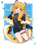  1girl animal_ear_fluff animal_ears black_shorts blue_background blue_shoes blush border bow claw_pose colored_inner_hair commentary_request fang green_eyes high-waist_shorts highres jacket ju_fufu long_hair looking_at_viewer midair multicolored_hair open_mouth samon_(vxxr8575) shoes shorts solo striped_fur striped_hair tail tail_bow tail_ornament thigh_strap tiger_ears tiger_girl tiger_stripes tiger_tail white_border yellow_jacket zenless_zone_zero 